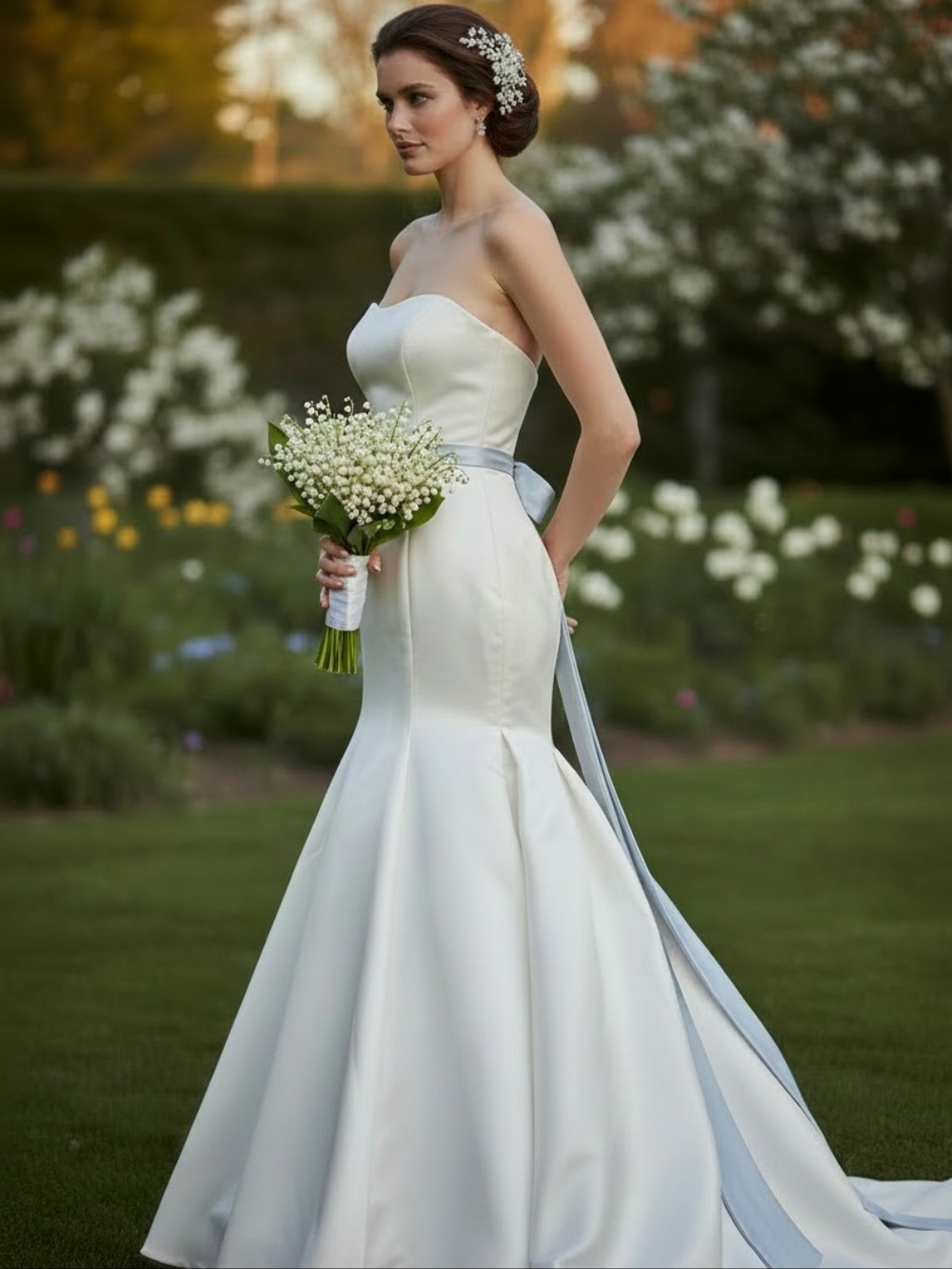 Moonlight Strapless White Satin Fit & Flare Gown with Blue Sash